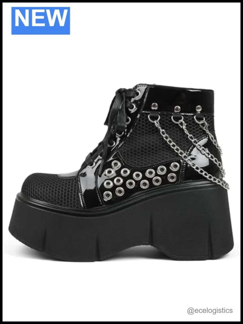 Black Platform Boots Wedge Goth Lace Up Chain Mesh Punk Combat Ankle Booties